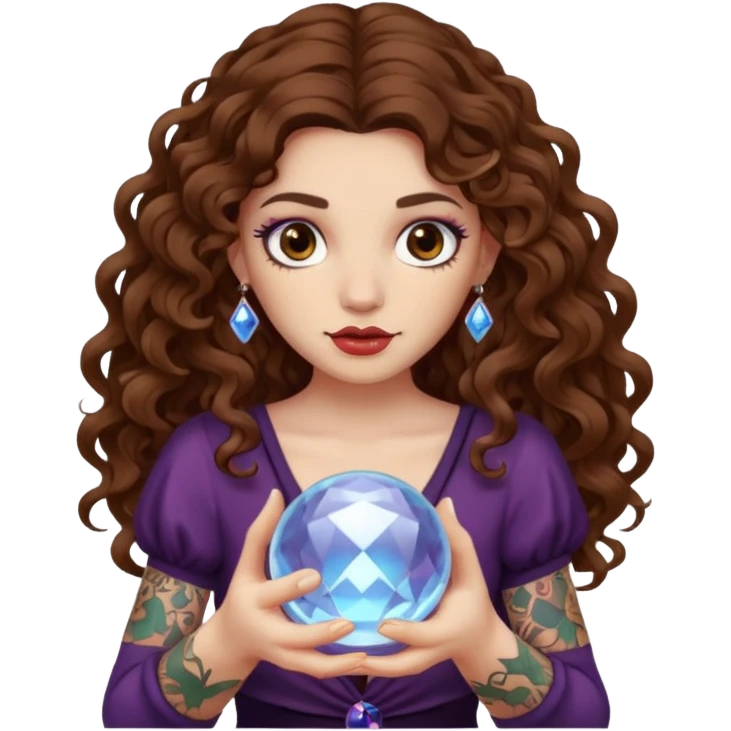 woman with long curly brown hair, brown eyes, white skin, tattoos, holding a crystal ball showing nonsense emoji