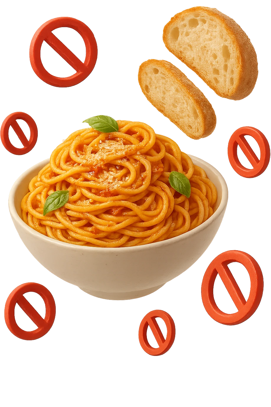 bowl di pasta e fettine di pane che fluttuano in aria con piccoli divieti 3d, sfondo bianco, iperrealistico 4k emoji