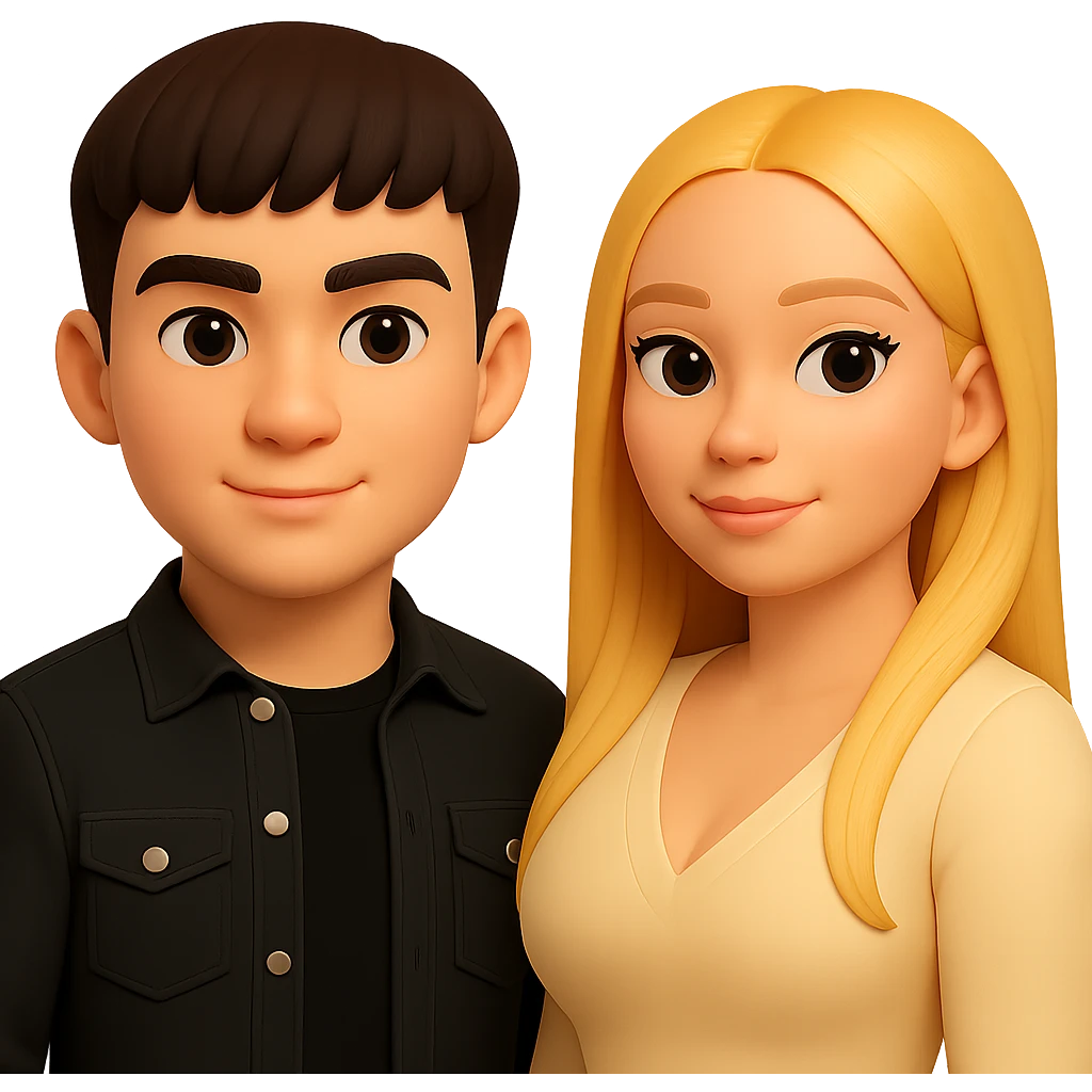 Slightly increase the volume of the upper body of the girl, separate the girl and the boy from each other, make the skin color the same for both characters. Maintain the cartoonish 3D style and keep the background transparent. emoji