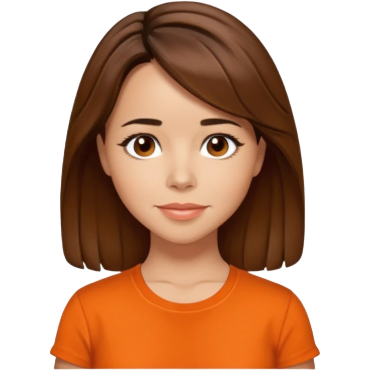 Linda Cardellni with brown hair, orange shirt emoji