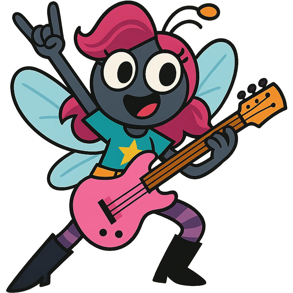 young female fly with magenta hair, big eyes, teal shirt with star, golden belt, black boots, purple-striped leggings, holding a pink guitar, rockstar pose, playful and energetic emoji