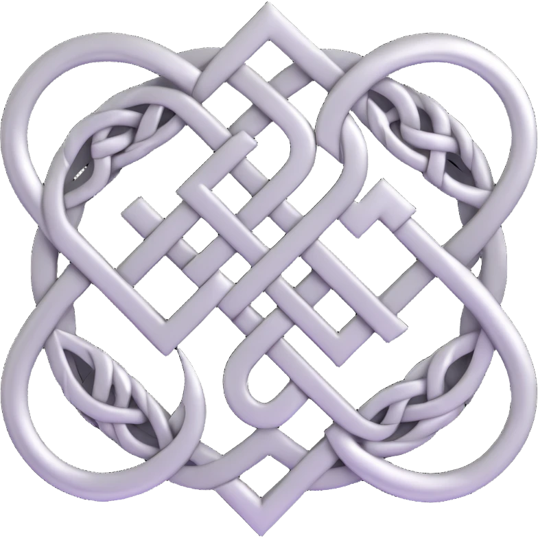 Create a karma symbol with an endless knot design featuring intricate interwoven lines. The style should be 3D silver metallic with realistic shine and depth, icon-like and balanced. No background, transparent. emoji