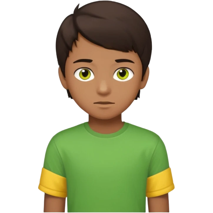 A portrait of a 14-year-old boy, he's got dark-brown hair, brownish skin and green hazel eyes. he's wearing a t-sirt with yellow sleeves. emoji