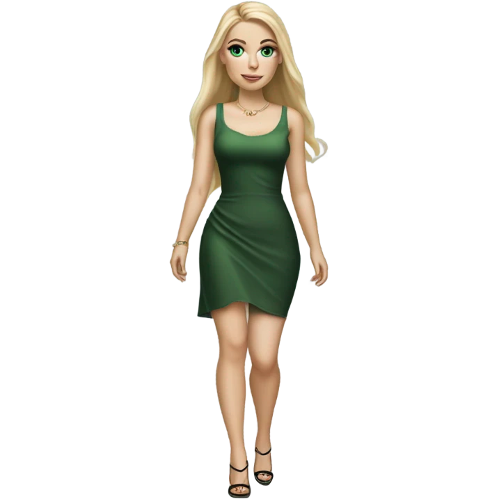 Realistic White girl with Long straight blonde hair, green eyes, tattoos, full body wearing dress and High heels , walking emoji
