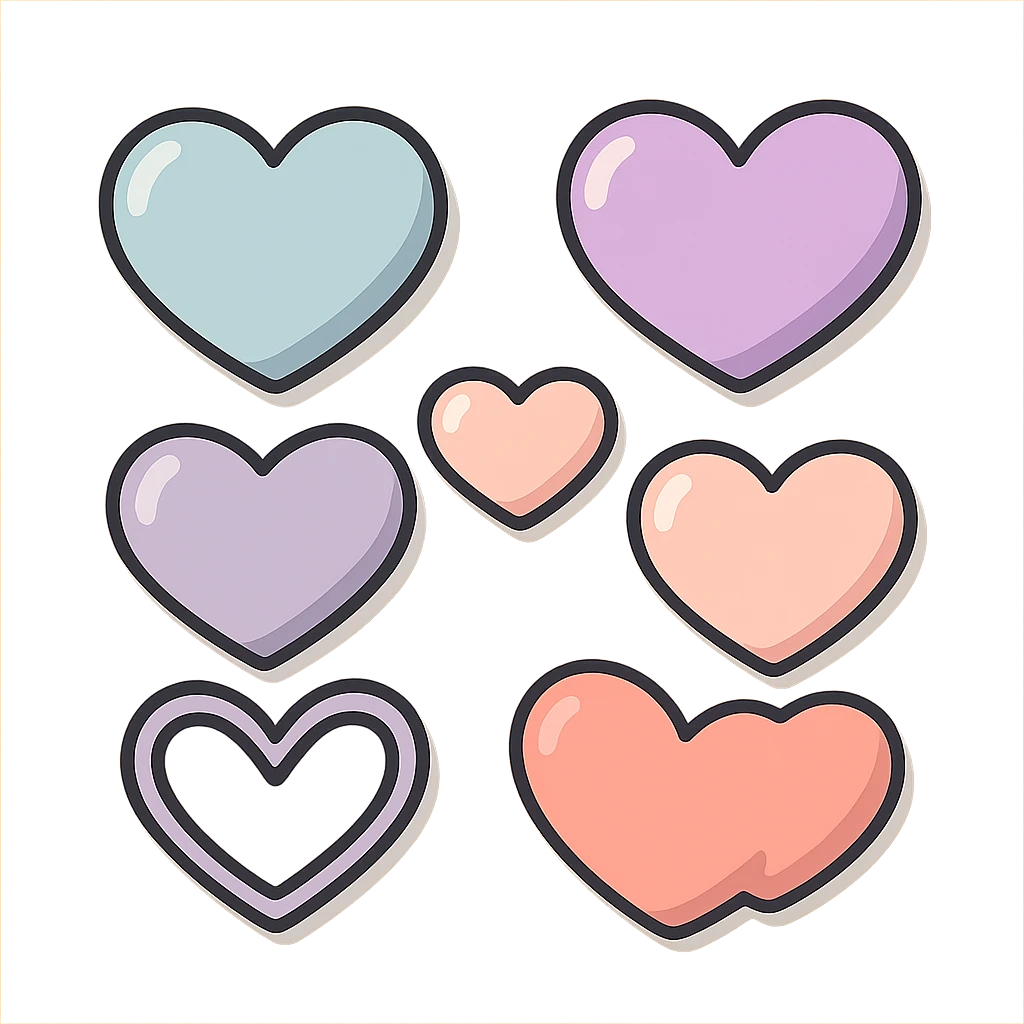 various heart shapes on one sheet, vector look with shadows and highlights, detailed shading, thin clean outlines, soft rounded features, pastel palette #98B5BC #B5B3C1 #C9A3C9 #E4C0CA #F7DCD1 #F7C0AA, Japanese pop art, sticker look, highly detailed emoji