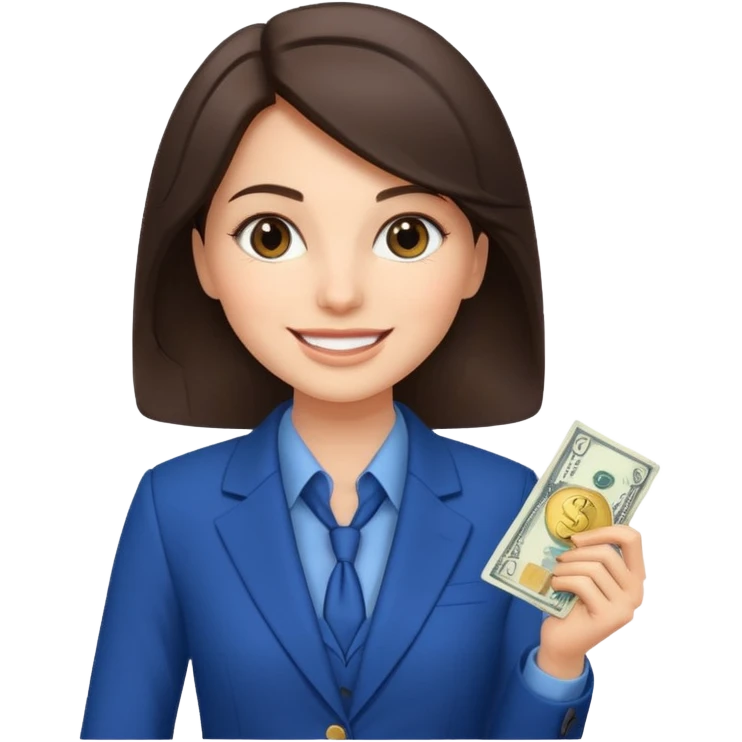 brunet Woman wearing blue suit holding dolar emoji