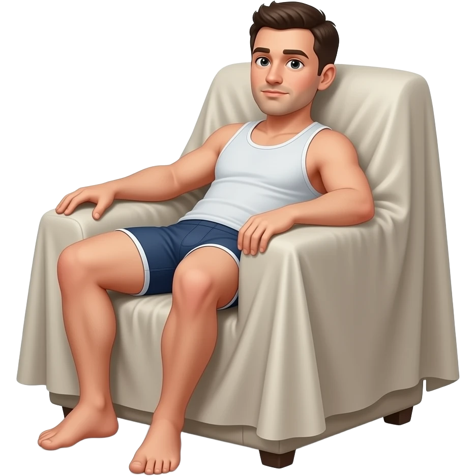 Erstelle ein emoji von einem ungepflegten Mann in tangtop und Unterhose faulenzen im Sessel, das Zimmer oder der Sessel ist verhüllt emoji