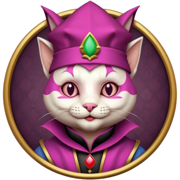 court jester cat medieval, single poker card joker clearly visible, pink, face only, round badge, court jester cap emoji