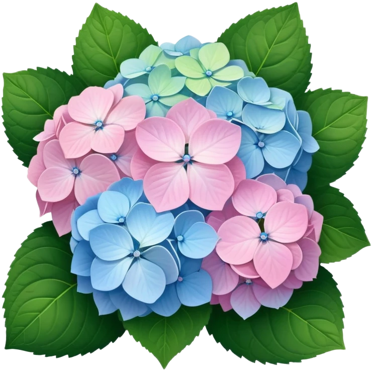 Natural hydrangea flower with realistic cluster of tiny individual blooms, soft color gradients from center to edge, slightly irregular rounded shape, and detailed green leaves emoji