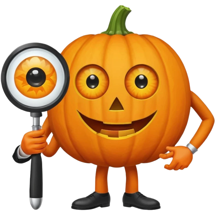 A pumpkin smiling at a magnifying glass (the magnifying glass has limbs and a suit thats black, the magnifying glass also has a eye, looks like a cyclops eye, one eye in the middle turn the magnifying glass into a living person) emoji