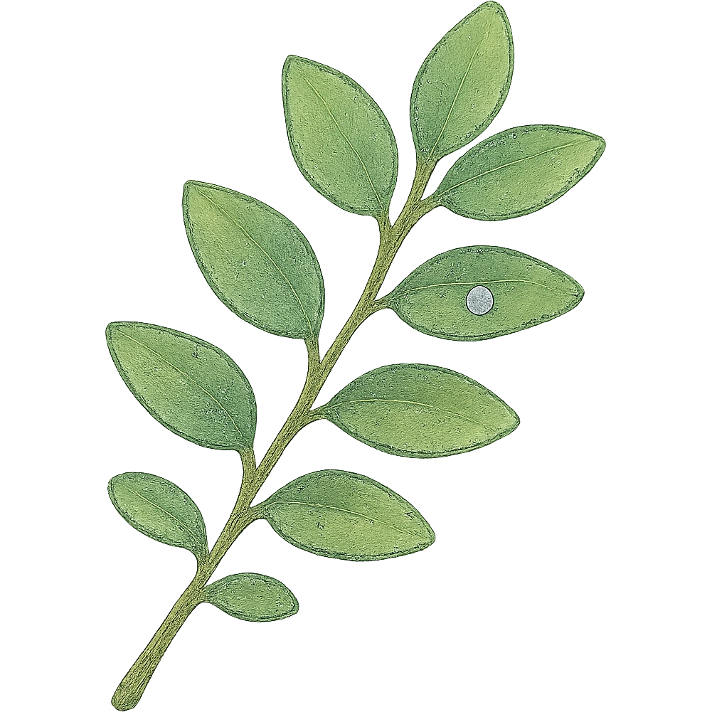 a simple leafy green branch, Japanese hand-drawn pastel style, full object, transparent background, with a tiny dew drop emoji