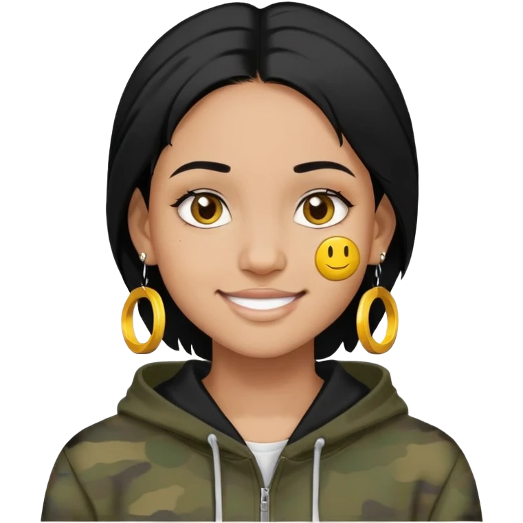 person with military cut black hair, brown eyes, wearing 2 circle earrings and a black hoodie with a smiley face emoji