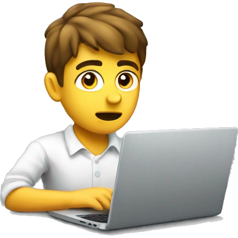 a young developer looking confused on laptop with a ? sign. generate it from sideways angle emoji