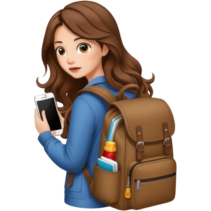 cute woman long wavy brown hair tattoos hiding in backpack emoji