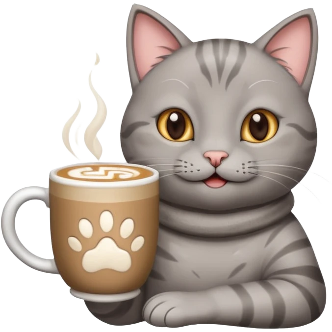 Happy gray Cat holding in its front two paws an hot latte emoji