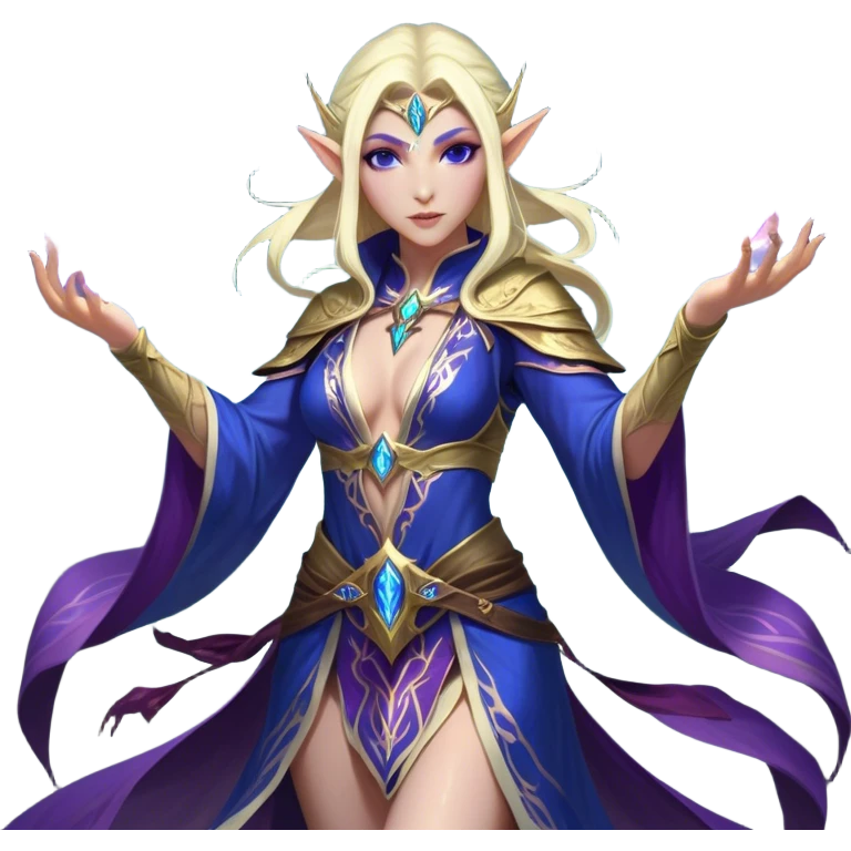 Cinematic Realistic WoW Elf Mage Portrait, captured in a dynamic, battle-ready stance, her graceful form exuding raw arcane energy. Her luminous skin and delicate features, set against an intricately detailed robe in consistent deep blues and purples with golden accents, are rendered with lifelike texture and dynamic, magical lighting, high shine, fierce and commanding, embodying the relentless spirit of an elven sorceress mid-spell. emoji