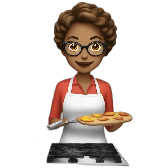 Woman with light skin and brown hair with glasses cooking in kitchen emoji