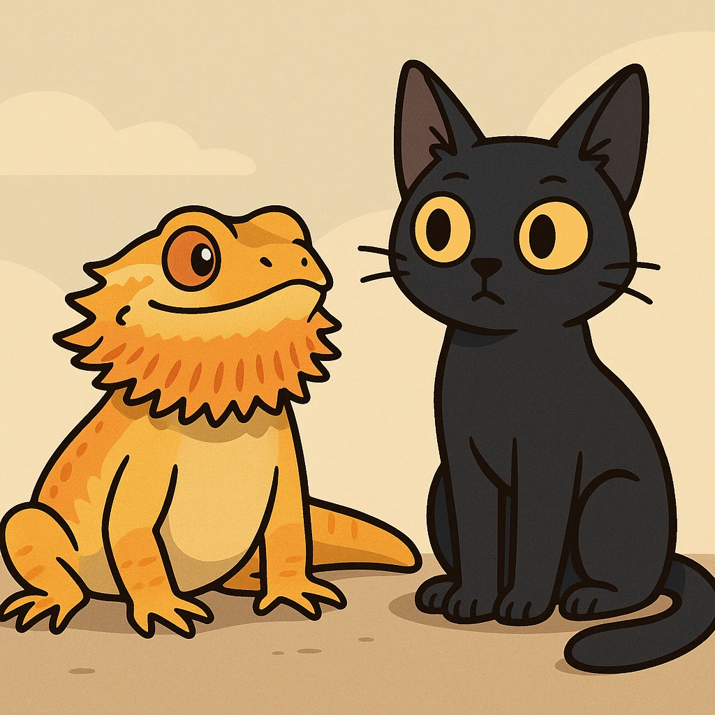 a bearded dragon sitting next to a black cat, cute, cartoon style, flat toon style emoji