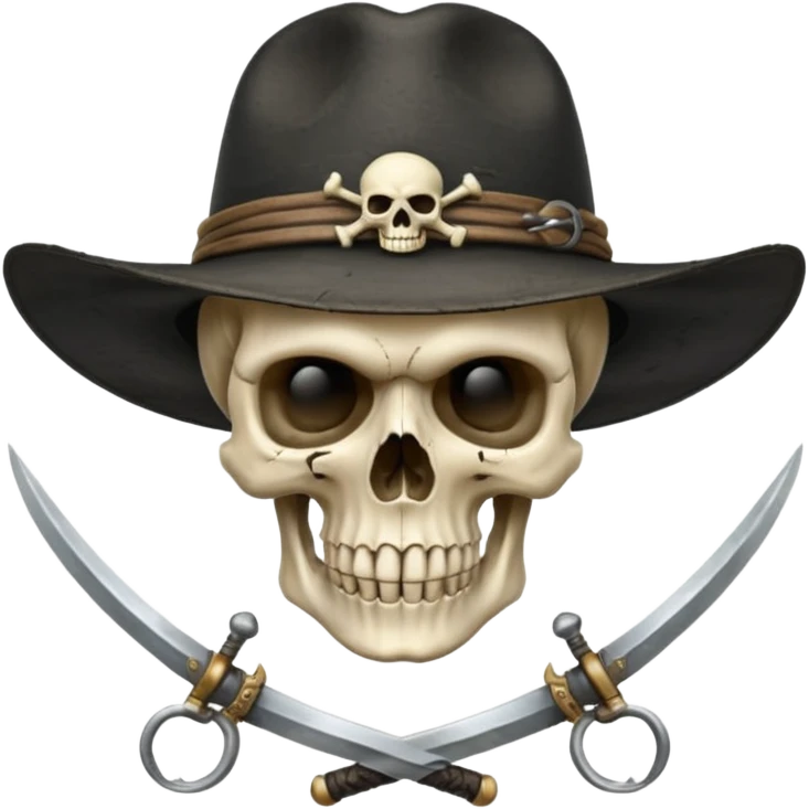 A skull and crossswords wearing a black wide brimmed traveler's hat. emoji