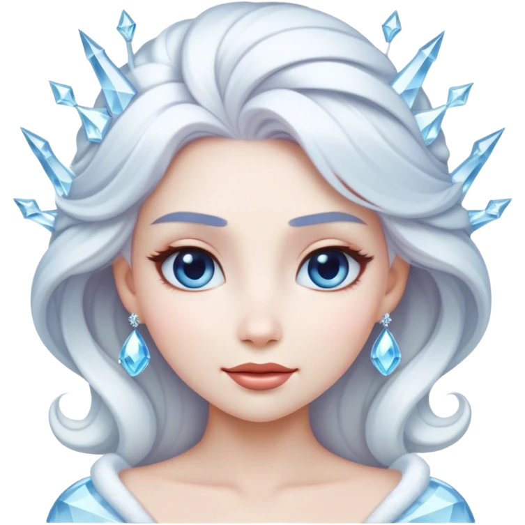 Cinematic Radiant Snow Queen Portrait Emoji, rendered in a realistic, vector style with clean proportions. Show Elsa with a gentle, confident smile, icy pale skin, and luxuriously styled platinum hair, her expression calm and regal. The image glows with a soft, enchanting icy luminescence, high shine, and is accented by a soft glowing outline that enhances her ethereal beauty. emoji