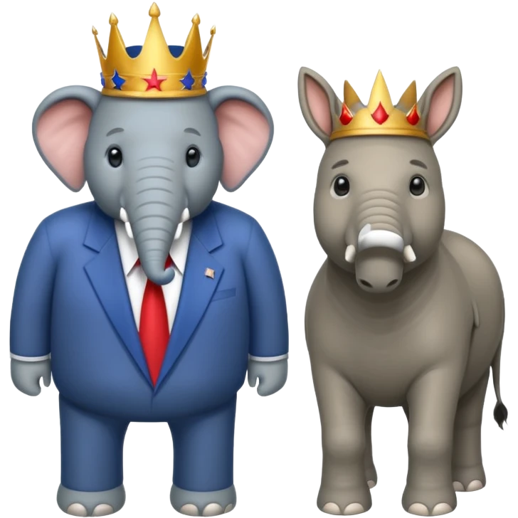 Democratic Party elephant facing Republican Party donkey with King Trump inbetween emoji
