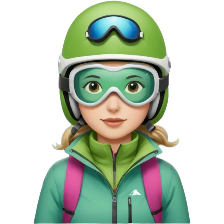 Woman, skiing, White helmet, rosa goggles Green Jacket, green trousers, blue skibackground Matterhorn emoji