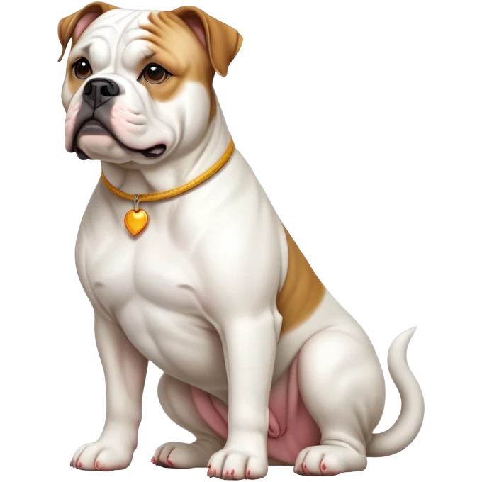 cinematic-[american bulldog]-realistic-full-body-sitting-emoji,-tail-resting-loosely-beside-its-paws,-head-tilted-dramatically,-sleek-[white]-fur,-simplified-yet-realistic-focused-features,-highly-detailed,-glowing-with-an-almost-sarcastic-glow emoji