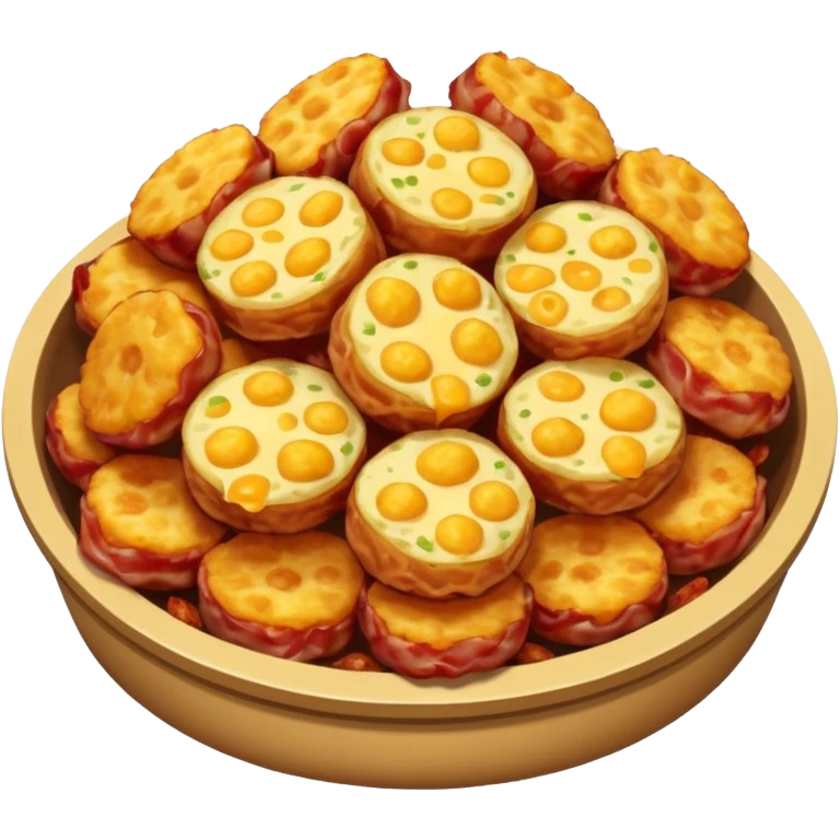 Crispy, coin-shaped tots filled with gooey cheese, savory bacon bits, and fluffy potatoes. emoji