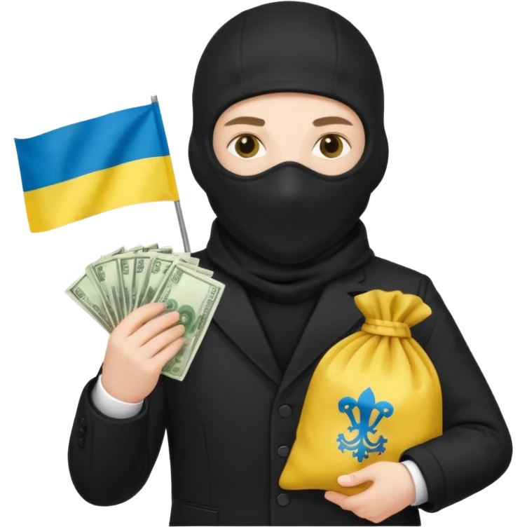 create an incredibly realistic white thief in a black suit and balaclava with a bag of money and a Ukrainian flag on it emoji