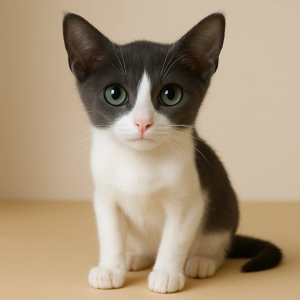 Make the kitten skinnier by about 20%, keep the fur only gray on top with no stripes, white nose and underbelly, in a realistic style with lifelike details. emoji