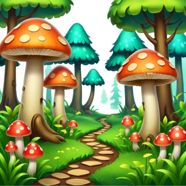 A stylized fantasy forest with glowing mushrooms and colorful tree emoji