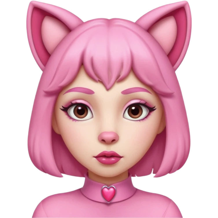 A woman dressed as a pink panther with soft pink skin, big expressive eyes, and glossy lips has a calm, pouty look. Pink animal ears and subtle heart details give her a sweet, playful vibe emoji