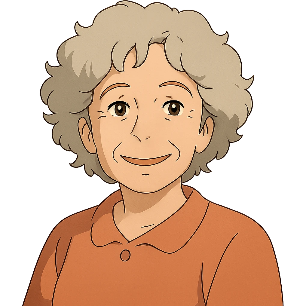 ghibli style smiling 50 year old lady with silver curly hair emoji