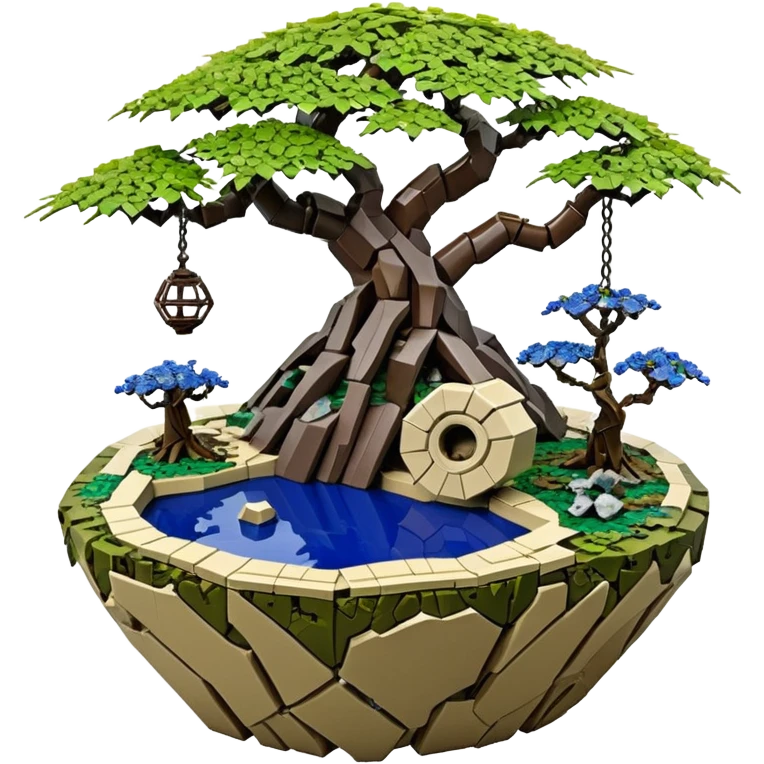 Alien Lego spacecraft hanging jungle-vines mountain-island landscape antique mudman very old broken cracked intricate Stone Age rocky-crusted irregular dodecagon-shaped shallow dark moss rough bark blue willow flowered maple tree bonsai pot emoji
