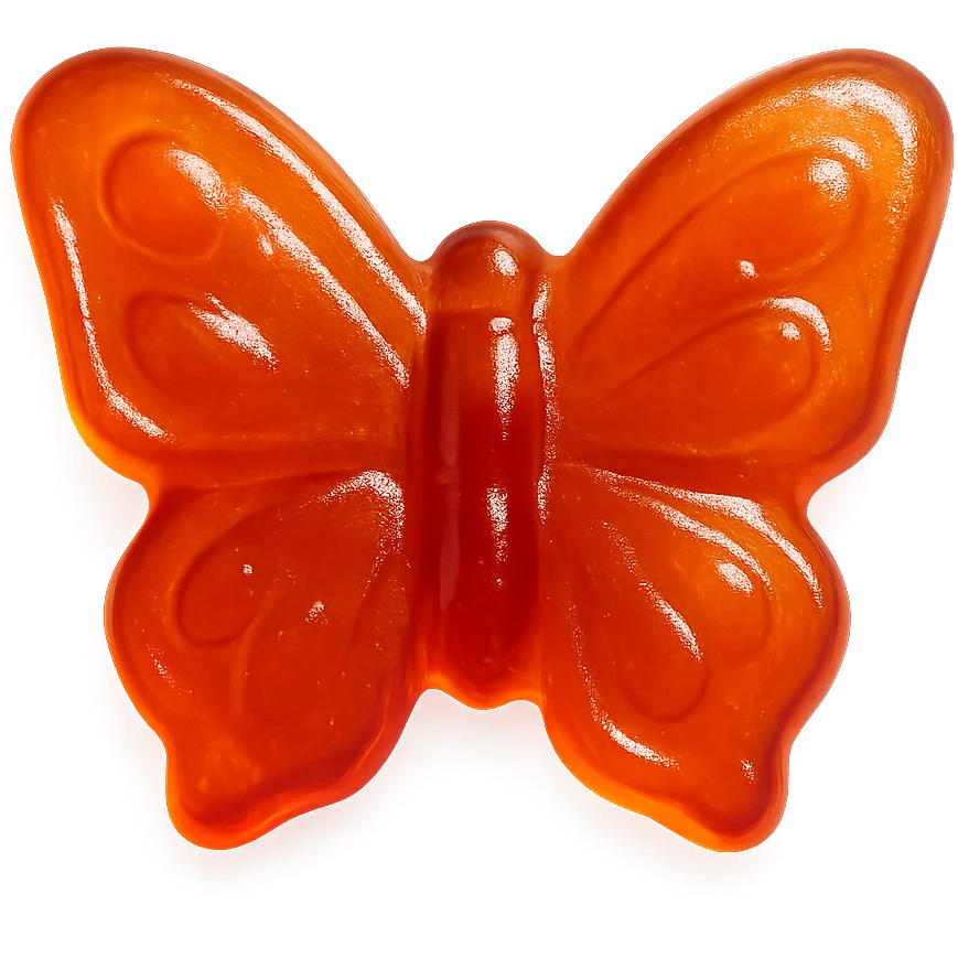 realistic butterfly-shaped candy with a glossy finish, isolated on a transparent background, no visible background emoji