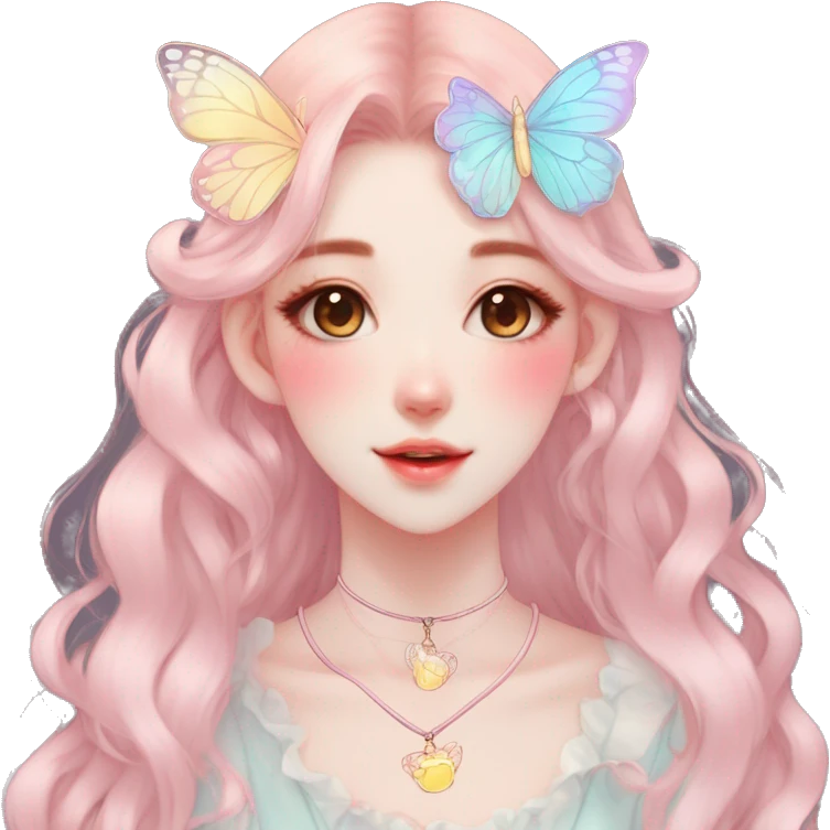 Gorgeous pastel anime style lady with blushing face and butterfly wings necklace cottagecore fairycore pastelcore colorful pearly romantic simplistic aesthetic trending style emoji
