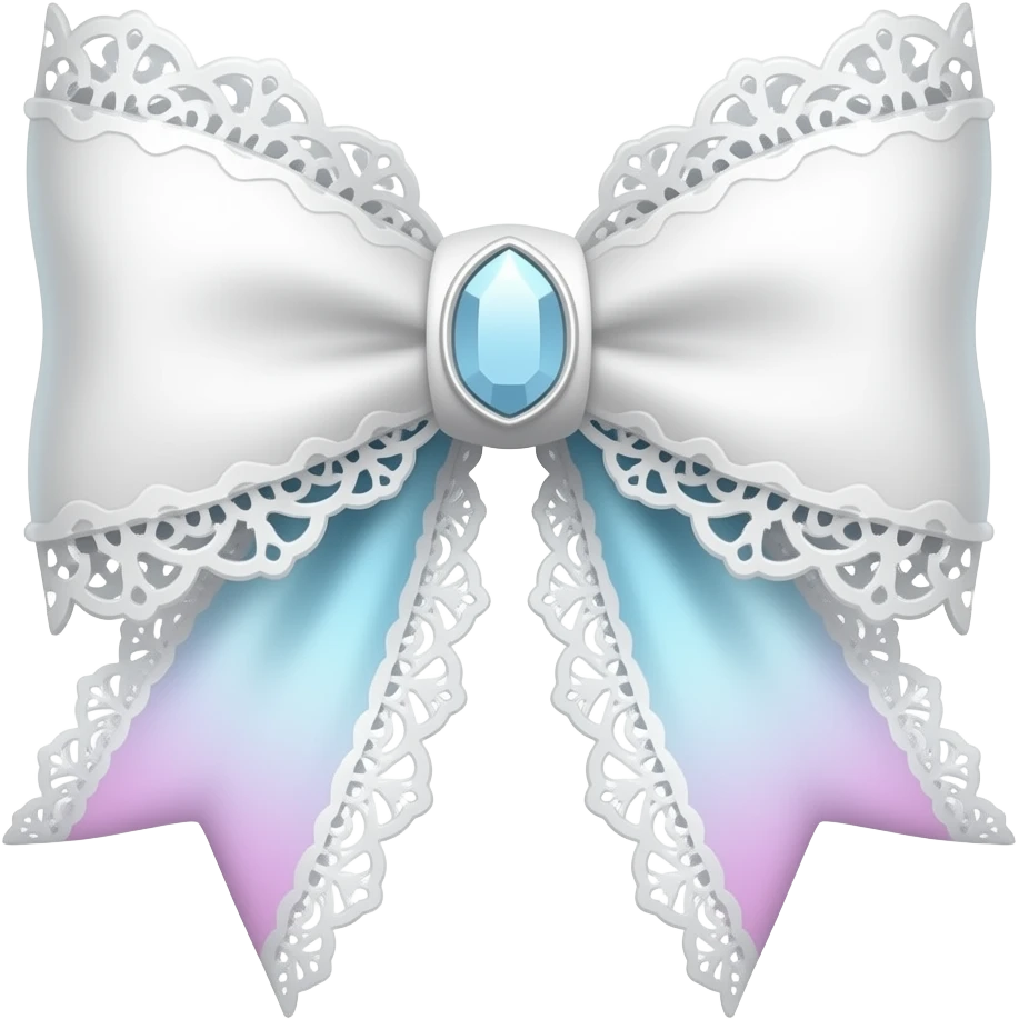 3D emoji gothic bow, white velvet, subtle gradient white filigree, subtle gradient light blue and light pink lace trim, white gem, elegant emoji