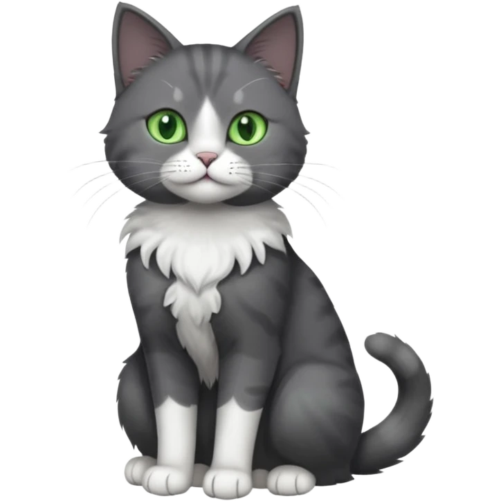 full body view of beautiful female solid dark grey cat with green eyes, white toes/paws and white patch on her chest emoji