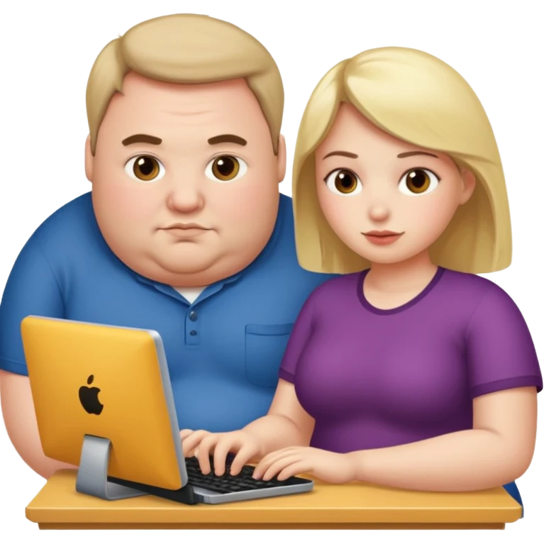 A girl helping a really fat man on the computer emoji