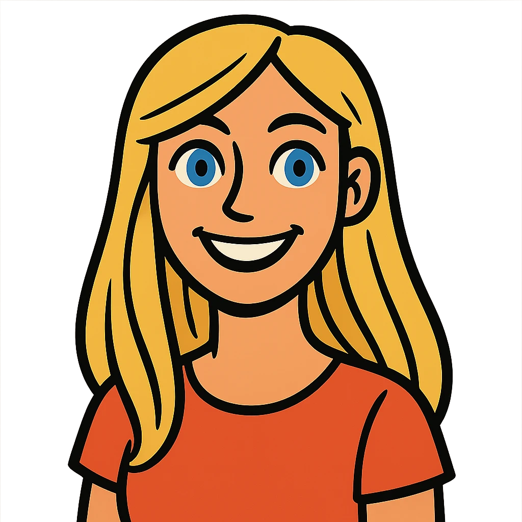 cartoon style portrait of a smiling female with long blonde hair and blue eyes emoji