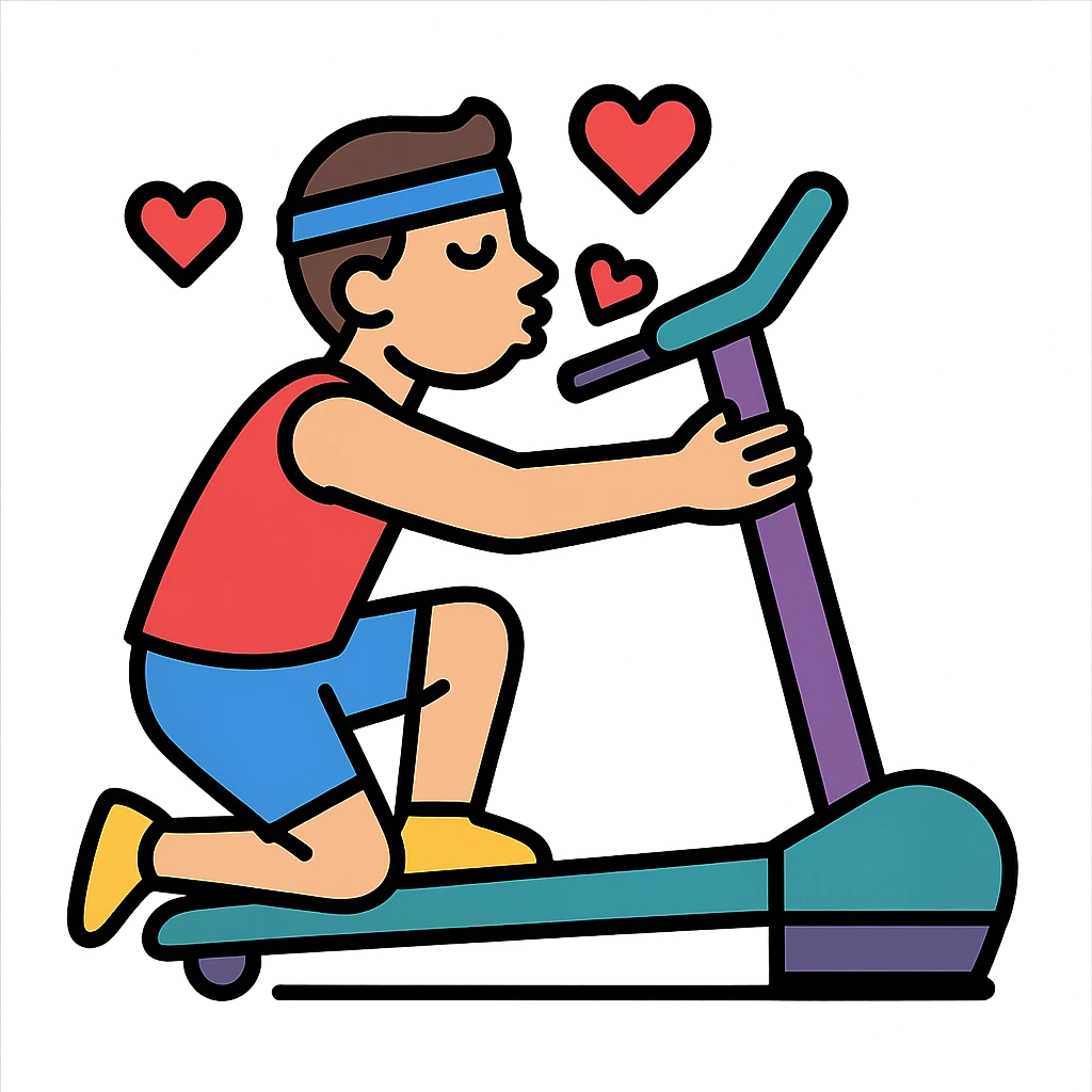 the sportsman is hugging and kissing the treadmill. They are surrounded by red hearts emoji