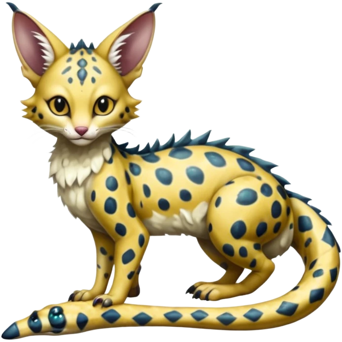 Realistic cute Flurry furry scary slimy oily glossy wet gloomy dusky scaly sergal-serval-possum-sphynx-Koi-sergal-fusion-animal-hybrid-creature with a snake-tail emoji
