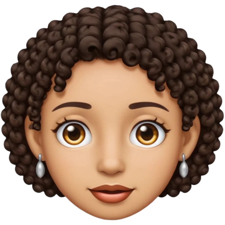 an emoji with a mixed skin color, short dark brown curly hair with 2 silver stud earrings on both ears and 2 slits on each eyebrow emoji