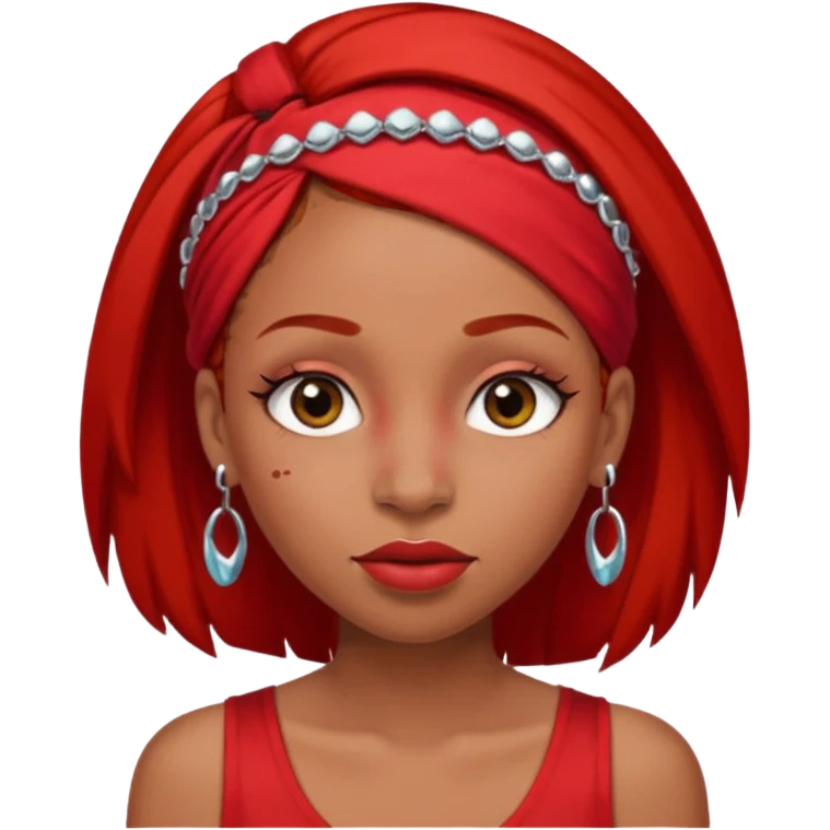 light-skinned black girl with long eyelashes with long strait dark brown hair with edges wearing a red top with no sleeves. and a red accessory on her head with nose and mouth piercings. emoji
