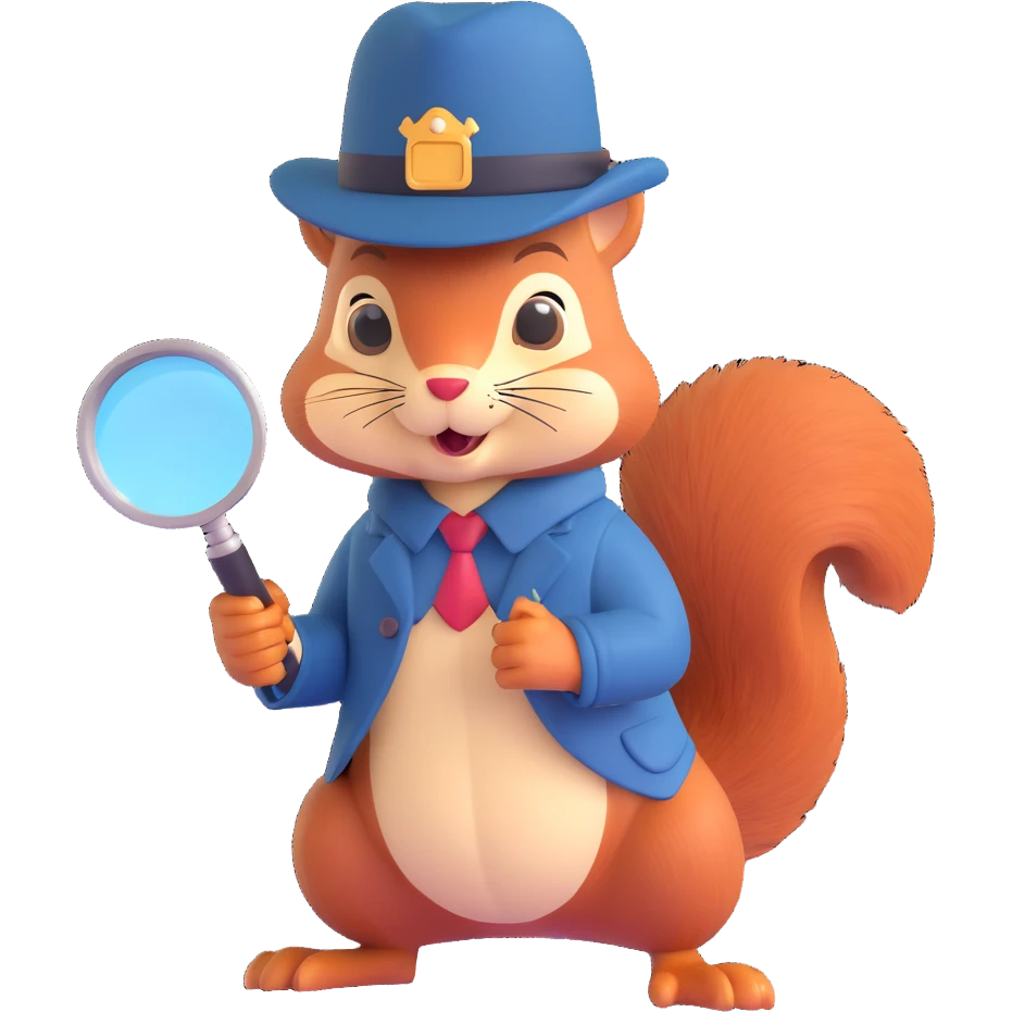 detective squirrel with magnifying glass and detective hat, 3D emoji Microsoft style emoji