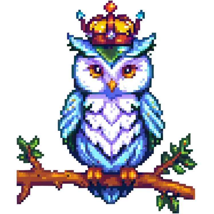 pixel art crowned owl, perched on a branch emoji