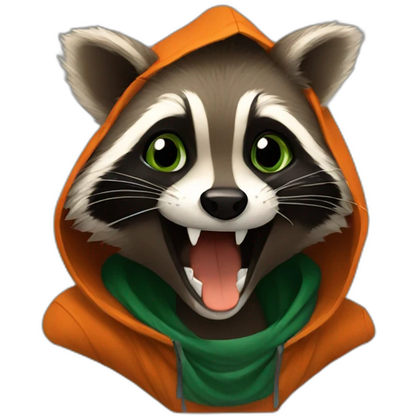 brown raccoon with orange eyes and a dark green hood that is laughing emoji