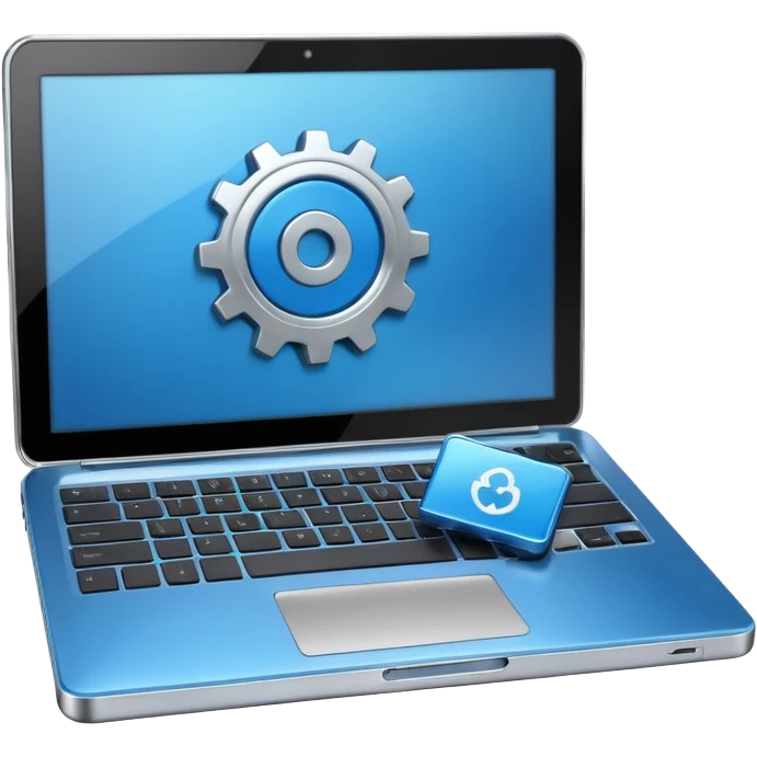 laptop with a play button and gear above emoji