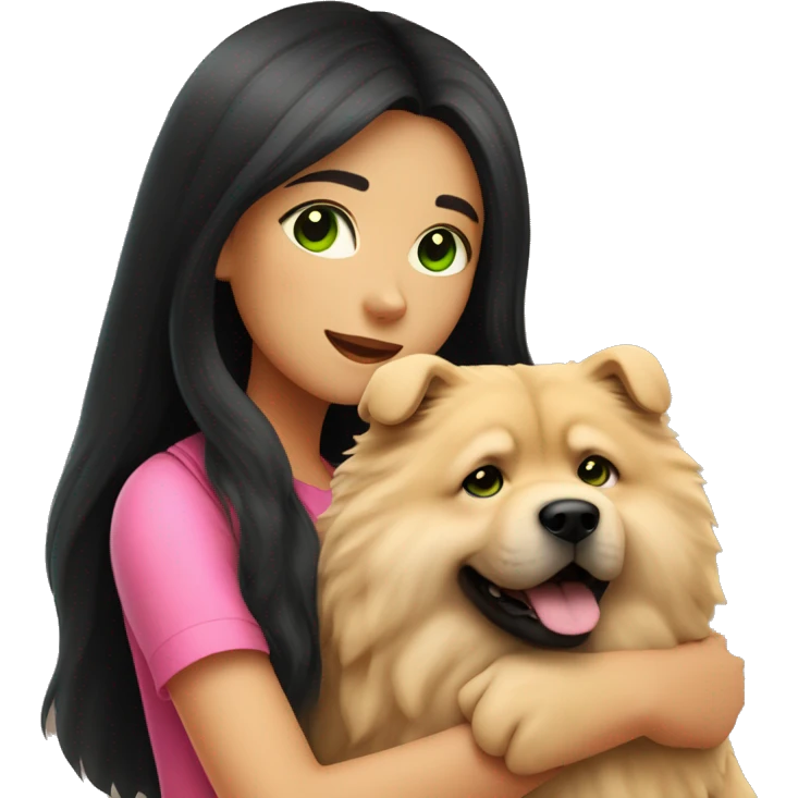girl with very long black hair and green eyes and pink outfit hugging a beige fluffy cute chow chow dog emoji