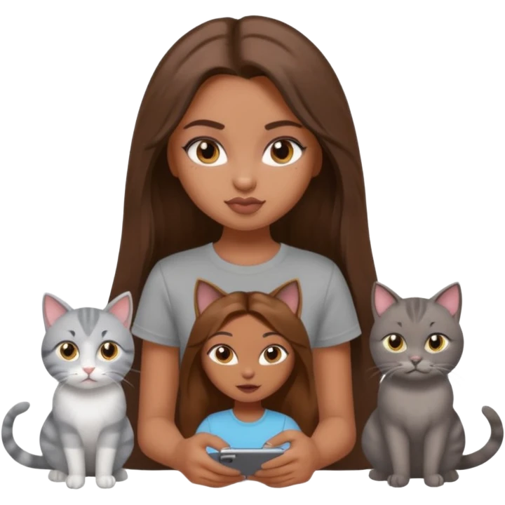 a pretty bratz dusky girl with long brown hair with four cats nd wearing a grey tshirt emoji